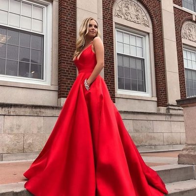 Gorgeous ball gown v neck cross back red satin long prom dresses - Thumbnail 4