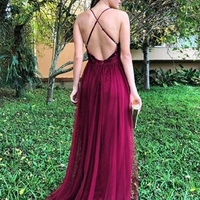 Long Criss-Cross Straps Burgundy Prom Dress - Thumbnail 1