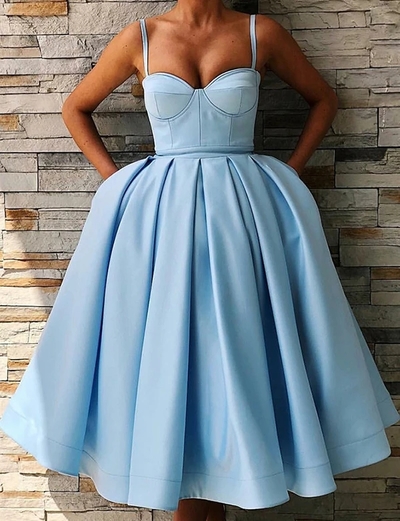 A-Line Sweetheat Satin Midi Prom Dresses with Pockets