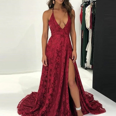 A-line halter burgundy lace prom dress with split - Thumbnail 5