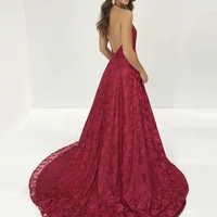 A-Line Halter Burgundy Lace Prom Dress with Split - Thumbnail 1