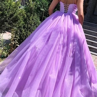 A-Line Spaghetti Straps Lace Up Sweep Train Lilac Pleated Prom Dress - Thumbnail 1