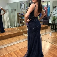 Spaghetti Straps Navy Blue Prom Dress with Split Beading Backless Evening Gown - Thumbnail 1