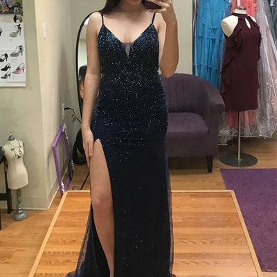 Spaghetti straps navy blue prom dress with split beading backless evening gown - Thumbnail 5