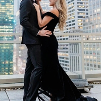 Mermaid Off the Shoulder Black Satin Long Prom Evening Party Dresses with Split - Thumbnail 1