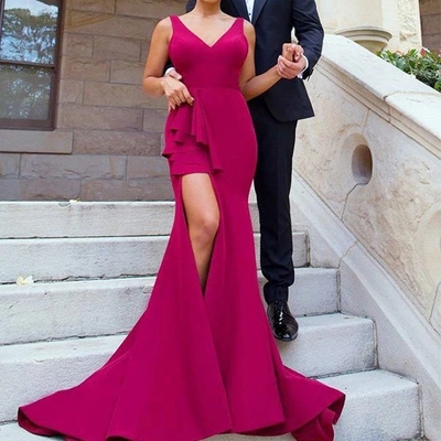 Mermaid v-neck long dark red prom dress - Thumbnail 5