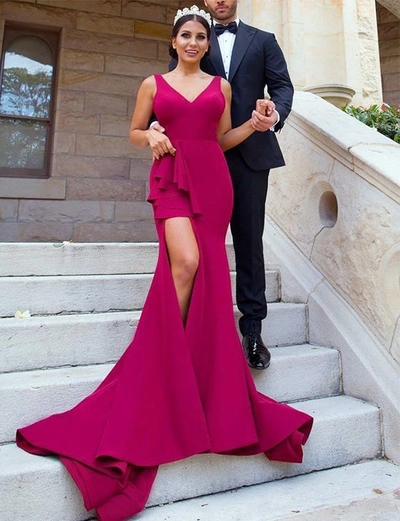 Mermaid V-Neck Long Dark Red Prom Dress
