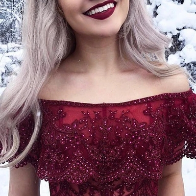 Amazing two piece off the shoulder long burgundy prom dress with appliques - Thumbnail 5