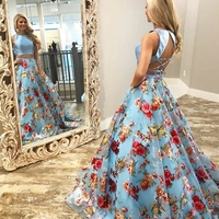 Two Piece Prom Dress A Line Sleeveless Long Blue Floral Prom Gown - Thumbnail 1