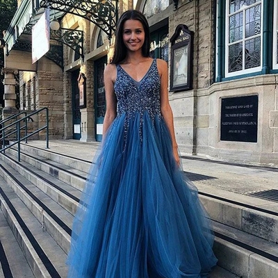 V-neck long blue prom dress with appliques backless beading evening dress - Thumbnail 4