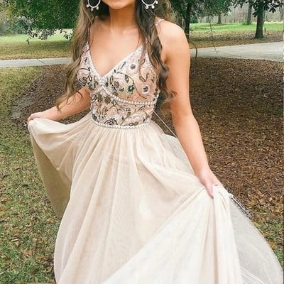 Unique embroidered backless lace up tulle a line long evening prom dresses - Thumbnail 5