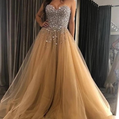 Pretty sweetheart beaded tulle a line long evening prom dresses - Thumbnail 5