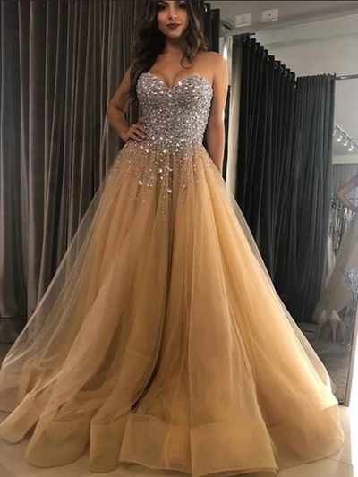 Pretty Sweetheart Beaded Tulle A Line Long Evening Prom Dresses