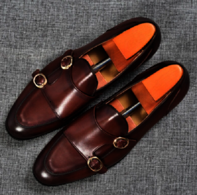 Handmade Double monk dress shoes. Me brown stylish buckle shoes
