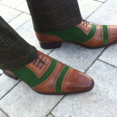 Men's oxfords cap toe formal brown green leather lace up shoes - Thumbnail 3