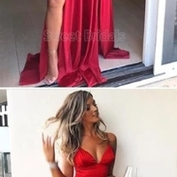 Cheap Red Spaghetti Strap V-Neck Side Slit Floor Length Evening Prom Dresses - Thumbnail 1