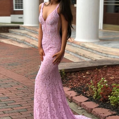 Fashion v neck open back full lace mermaid with train long evening prom dresses
