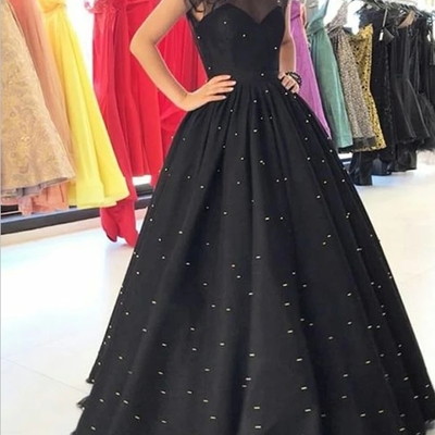 Pretty black a line round neck floor length with pearls long prom dresses - Thumbnail 5