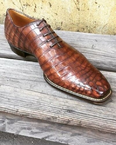 New Men's Brown Square Toe Lace Up Crocodile Texture Leather Dress Formal Shoes