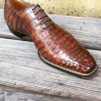 New Men's Brown Square Toe Lace Up Crocodile Texture Leather Dress Formal Shoes - Thumbnail 1
