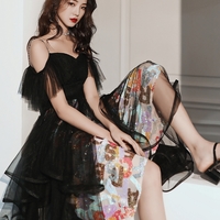 Unique design black tulle short prom dress - Thumbnail 1