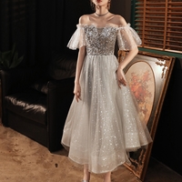 Gray sequins short prom dress evening dress - Thumbnail 2