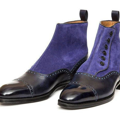 Handmade navy blue black leather suede captoe button fastening boot