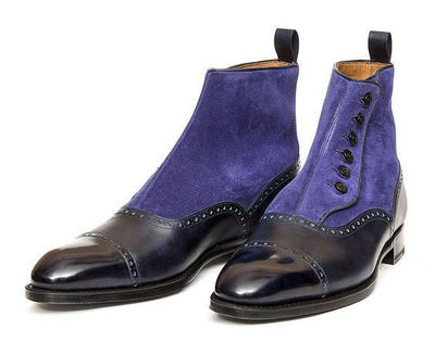 Handmade Navy Blue Black Leather Suede Captoe Button Fastening Boot