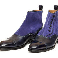 Handmade Navy Blue Black Leather Suede Captoe Button Fastening Boot - Thumbnail 1