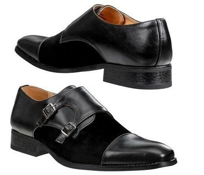 Handmade Men Black Monk Double Buckle Strap Handmade Suede Genuine Leather Shoes