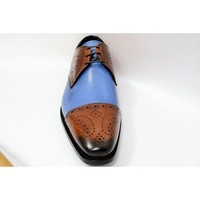 Handmade Men Brown Blue Burnished Brogue Cap Toe Genuine Leather Lace up Shoes - Thumbnail 1