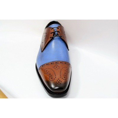 Handmade men brown blue burnished brogue cap toe genuine leather lace up shoes - Thumbnail 2
