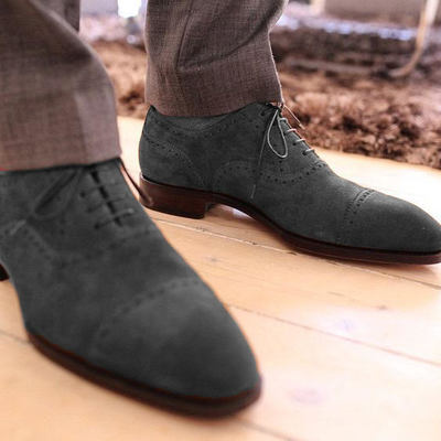 Handmade Men New Gray Oxford Captoe Classic Suede Lace Up Shoes