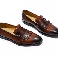 New Handmade Brown Leather Fringe Double Monk strap Loafer Shoes for Men's - Thumbnail 1