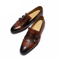New Handmade Brown Leather Fringe Double Monk strap Loafer Shoes for Men's - Thumbnail 4