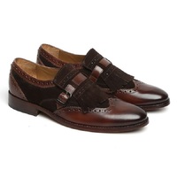 Handmade Men Monk Shoes Brown Fringed Suede Leather Rounded Plain Toe Premium Quality - Thumbnail 1