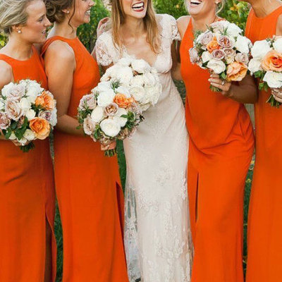 Orange slit side bridesmaid dresses for wedding party - Thumbnail 1