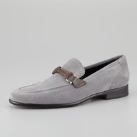 Handmade Men Gray Suede Leather Brown Buckle Loafer Moccasin Handmade Shoes - Thumbnail 4
