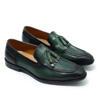 Men's Handmade Green Colour Leather Shoes, Men’s Round Toe Fringe Tussles Loafer - Thumbnail 1