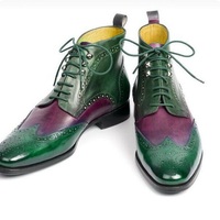 Men’s Handmade Brogue Green Burgundy Ankle Boots, Wingtip Lace Up Leather Boots - Thumbnail 1