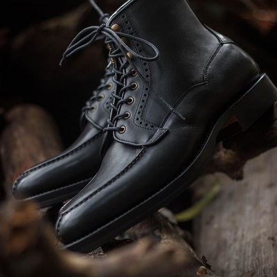 New men’s handmade black leather lace up boots, men’s brogue ankle high boots - Thumbnail 3