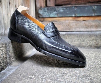 New Handmade Black Pebbled Leather Round Toe Penny Loafer Shoes for Men's