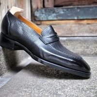 New Handmade Black Pebbled Leather Round Toe Penny Loafer Shoes for Men's - Thumbnail 4