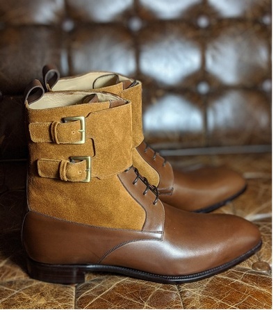 Handmade Tan Suede Brown Leather Buckle Lace Up Ankle High Boots for Men's