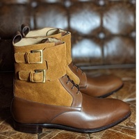 Handmade Tan Suede Brown Leather Buckle Lace Up Ankle High Boots for Men's - Thumbnail 4