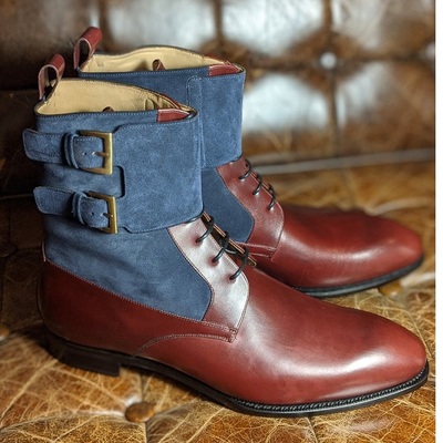 Handmade blue suede burgundy leather buckle lace up ankle high boots for men's - Thumbnail 3