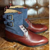 Handmade Blue Suede Burgundy Leather Buckle Lace Up Ankle High Boots for Men's - Thumbnail 1