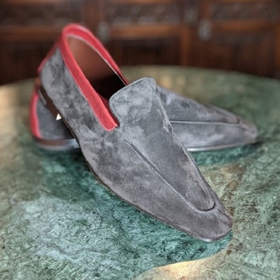 New handmade men's genuine grey suede leather moccasins - Thumbnail 2