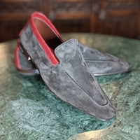 New Handmade Men's Genuine Grey Suede Leather Moccasins - Thumbnail 4