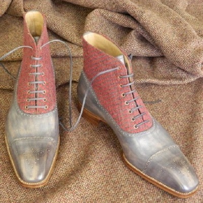 Handmade men Grey leather boots, Red tweed fabric boots for men, men formal dress boots